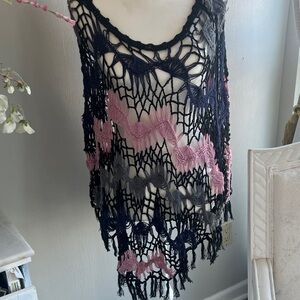 Vintage Say What Crochet Knit Tank Top in Blue, Pink, and Gray- one size blue pk